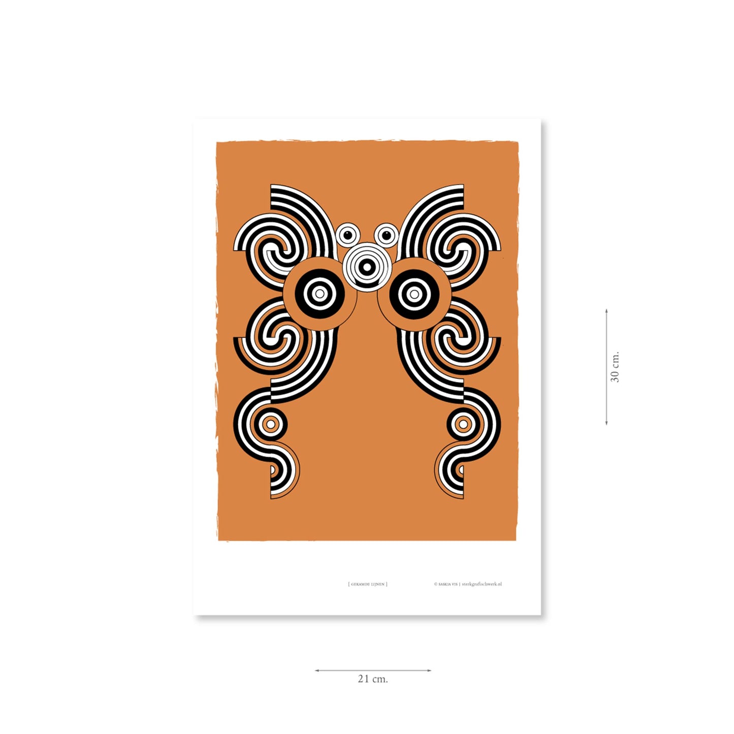 Productafbeelding, poster "gekamde lijnen", met aanduiding van het formaat erop weergegeven 21 x 30 cm