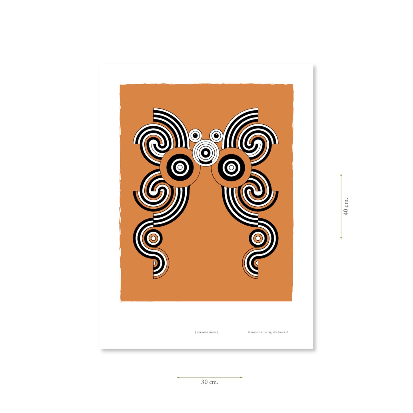 Productafbeelding, poster "gekamde lijnen", met aanduiding van het formaat erop weergegeven 30 x 40 cm