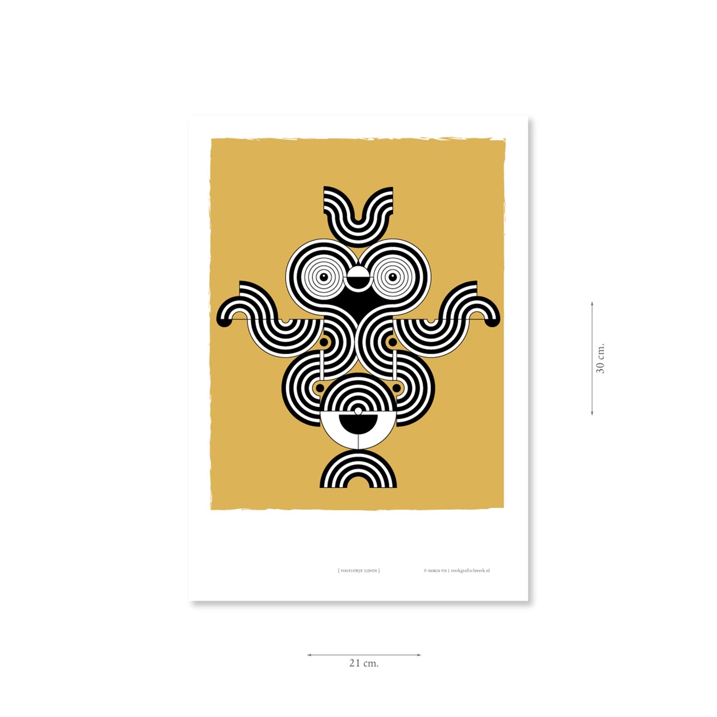Productafbeelding, poster "vogelvrije lijnen", met aanduiding van het formaat erop weergegeven 21 x 30 cm