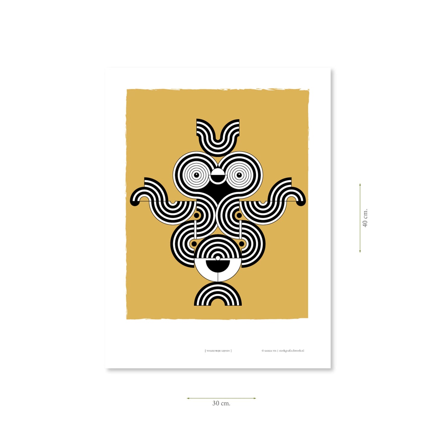 Productafbeelding, poster "vogelvrije lijnen", met aanduiding van het formaat erop weergegeven 30 x 40 cm