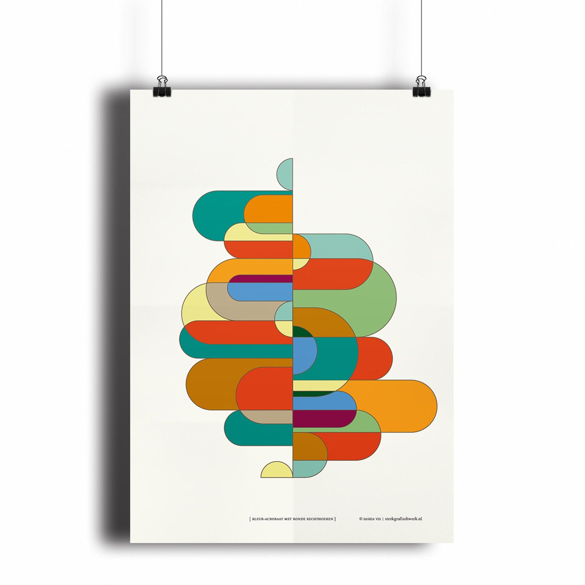 Productafbeelding, poster "kleur-acrobaat ronde rechthoeken", hangend aan een witte wand, een overzichtsfoto