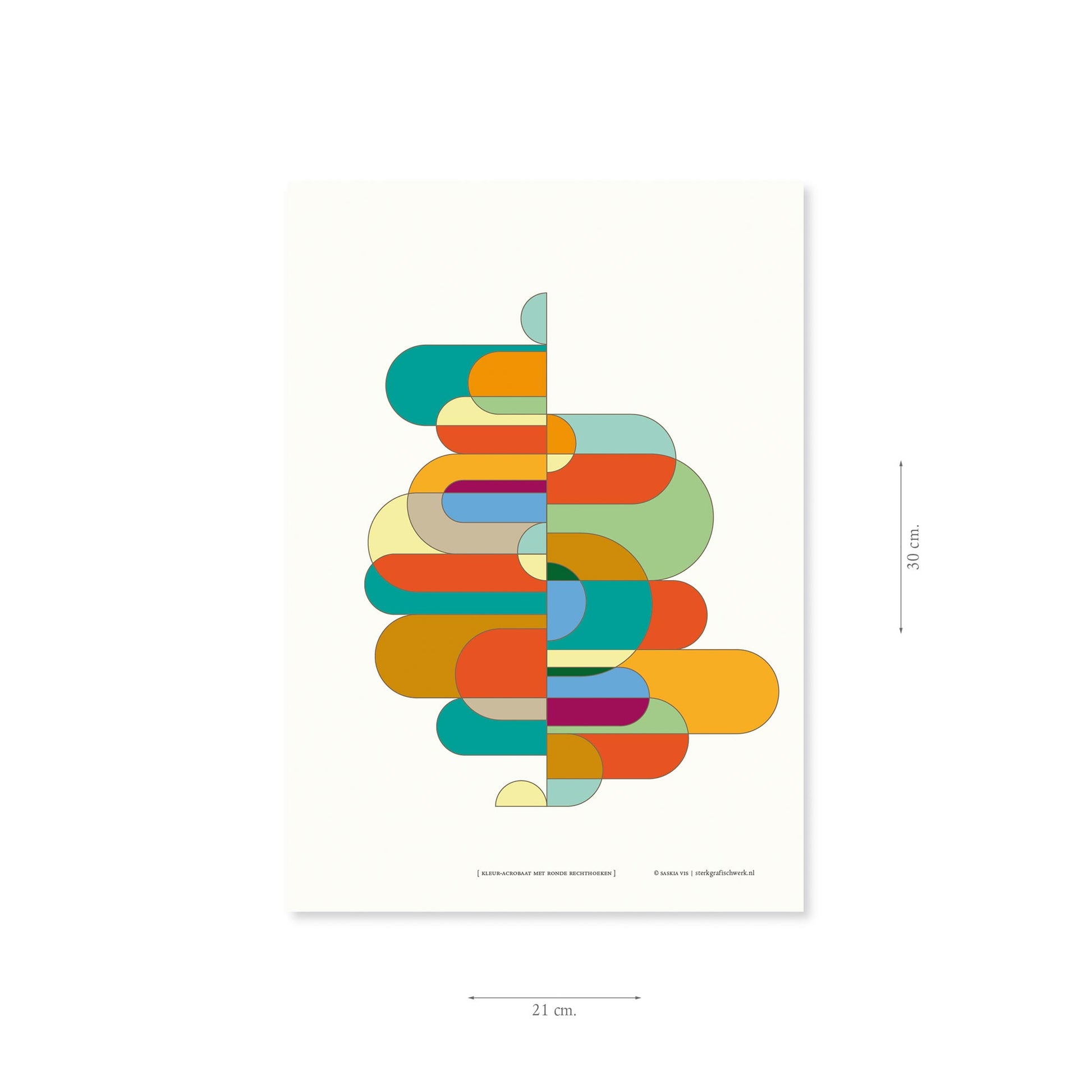 Productafbeelding, poster "kleur-acrobaat met ronde rechthoeken", met aanduiding van het formaat erop weergegeven 21 x 30 cm