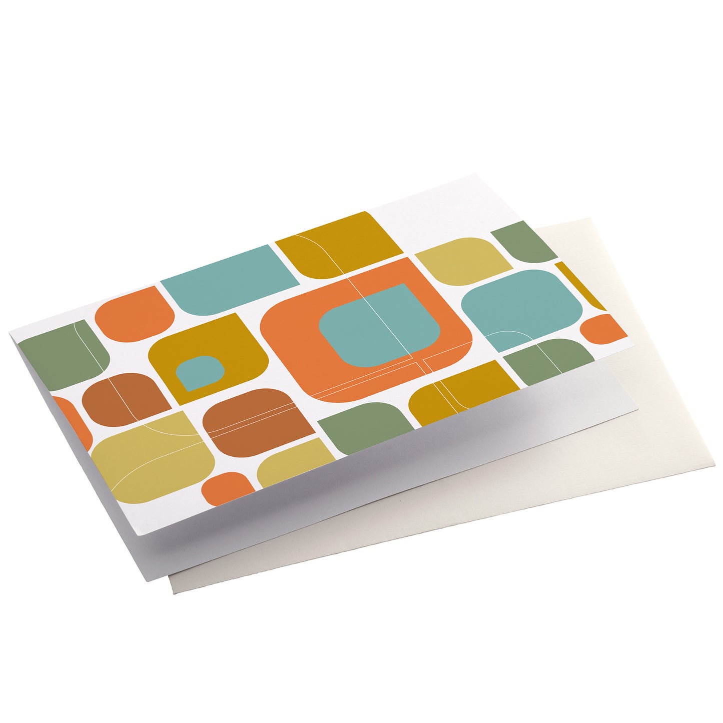 Productafbeelding, wenskaart "kleurmotief op wit", zijaanzicht liggend met een envelop