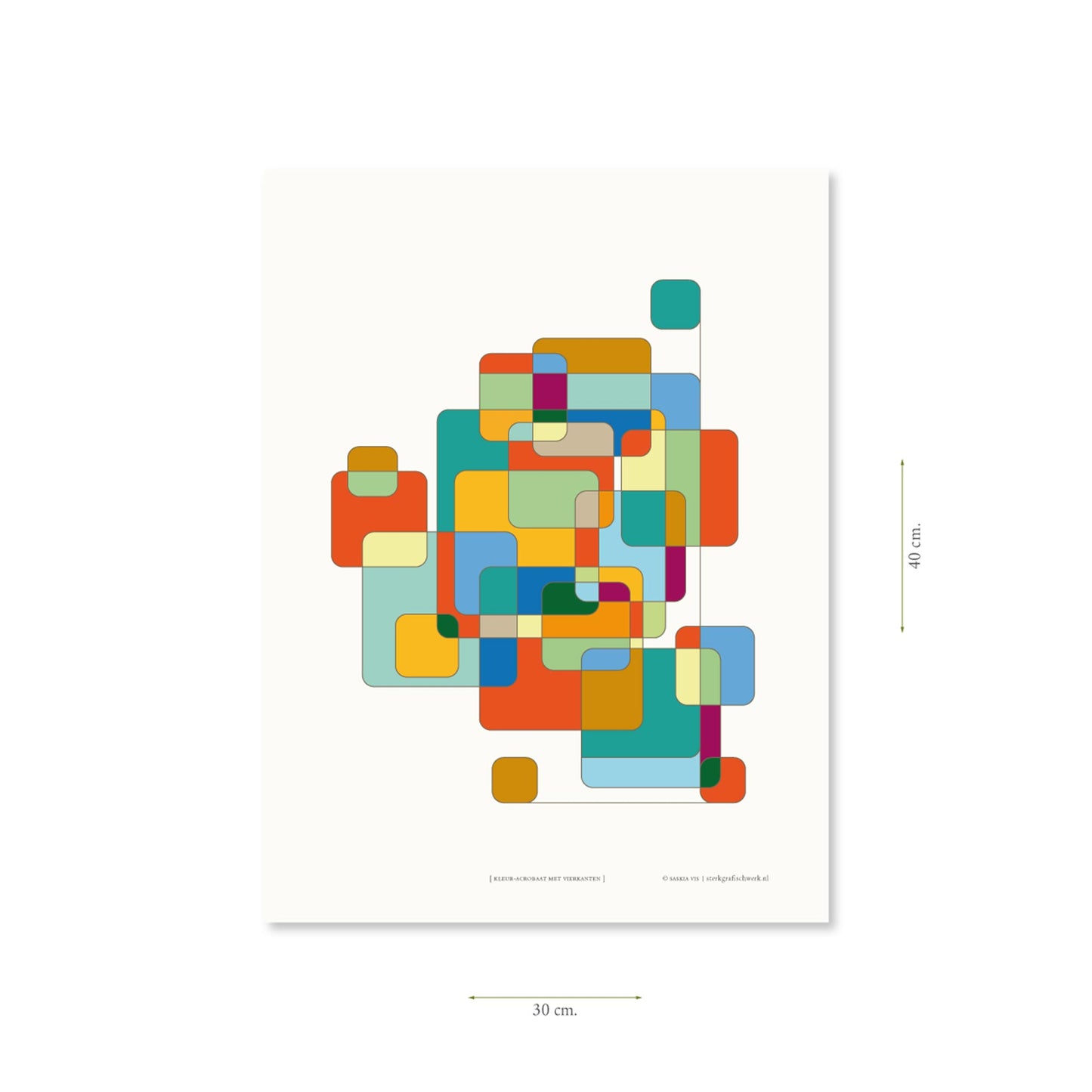 Productafbeelding poster, "kleur-acrobaat met vierkanten", met aanduiding van het formaat erop weergegeven 30 x 40 cm
