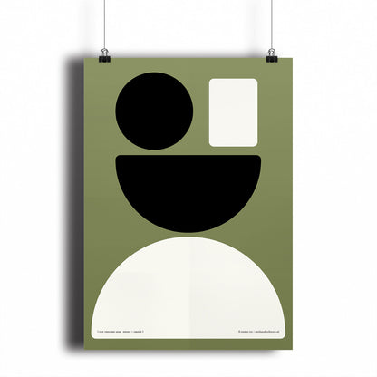 Productafbeelding, poster "een vrolijke som zwart+groen", hangend aan een witte wand, een overzichtsfoto