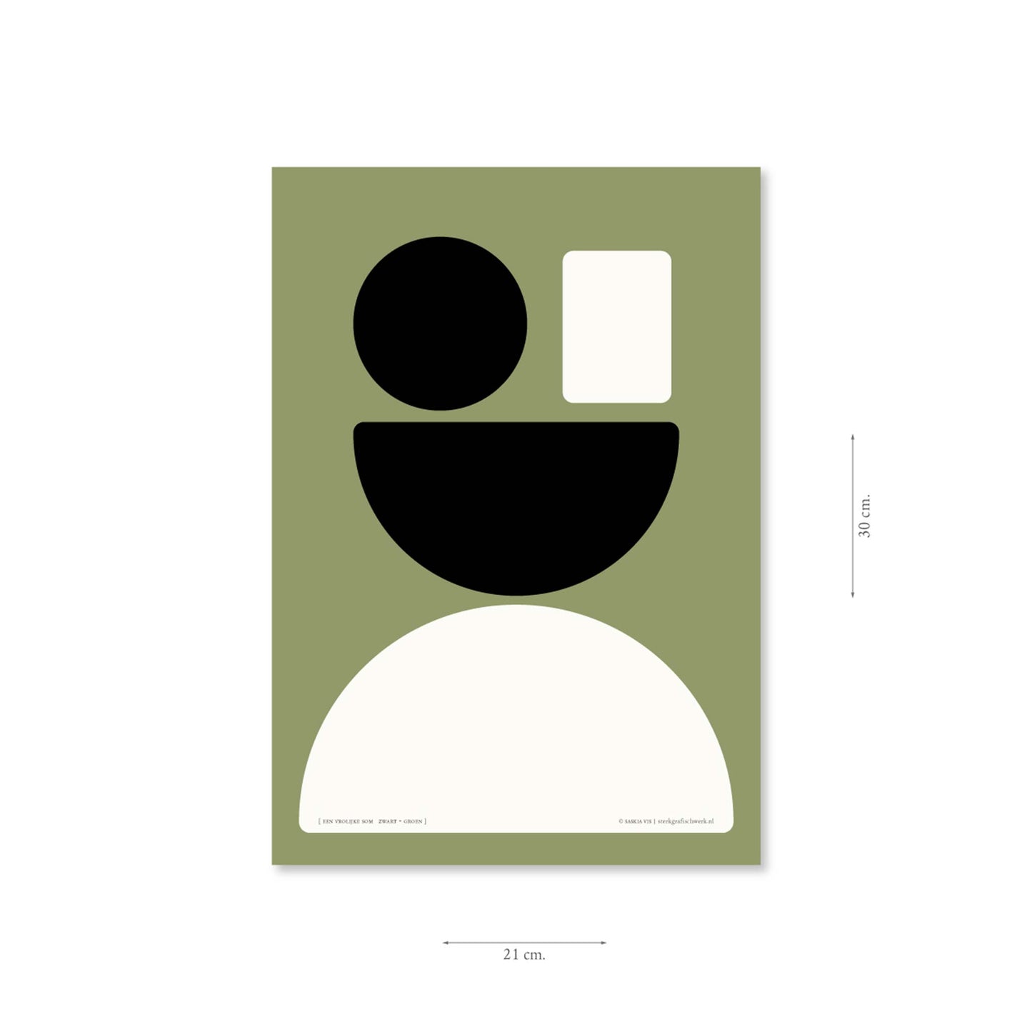 Productafbeelding, poster "een vrolijke som zwart+groen", met aanduiding van het formaat erop weergegeven 21 x 30 cm