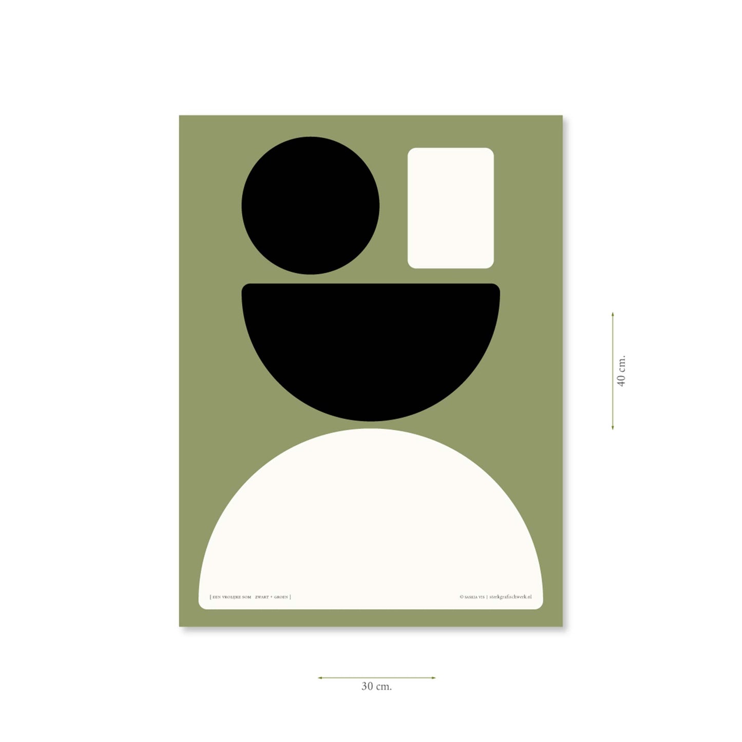 Productafbeelding, poster "een vrolijke som zwart+groen", met aanduiding van het formaat erop weergegeven 30 x 40 cm
