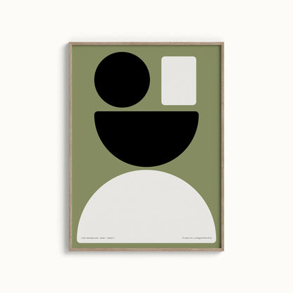 Productafbeelding, poster "een vrolijke som zwart+groen", foto impressie 3, in een houten lijst hangend aan een creme-witte wand