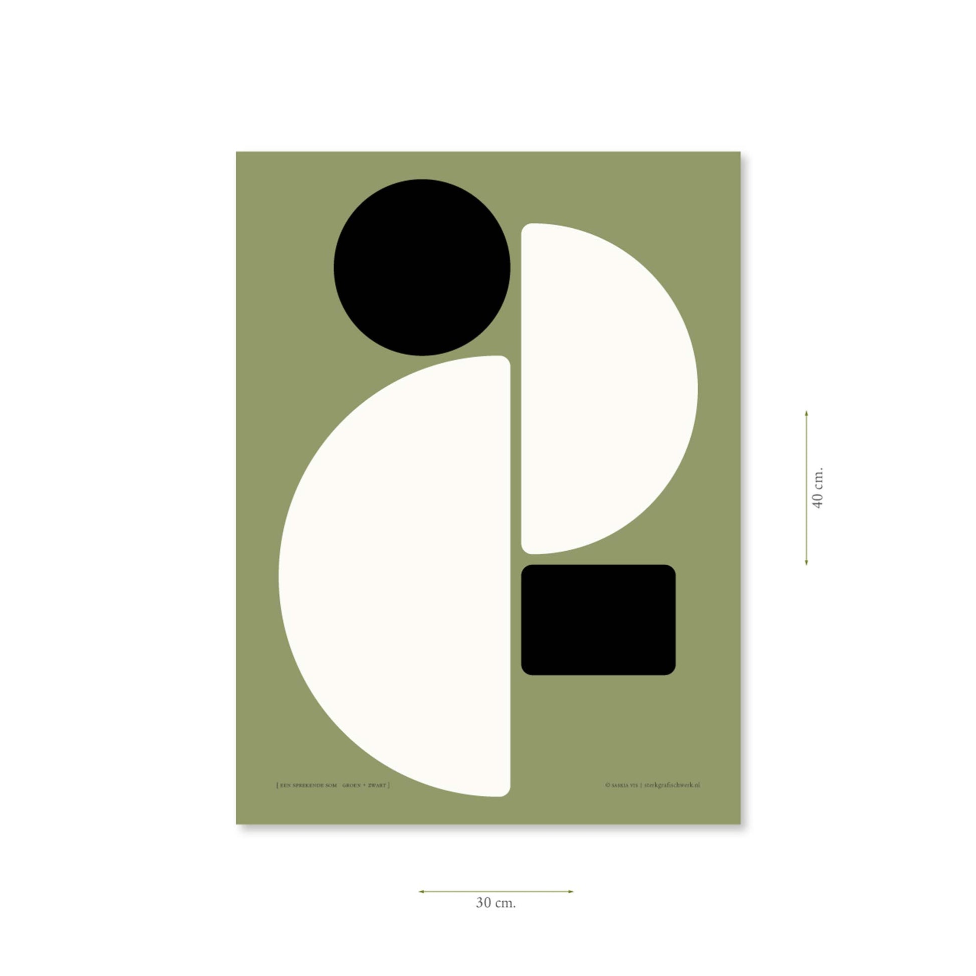 Productafbeelding, poster "een sprekende som groen+zwart", met aanduiding van het formaat erop weergegeven 30 x 40 cm
