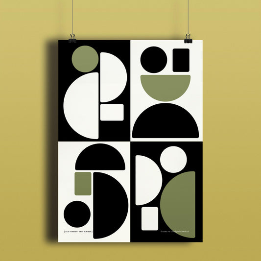 Productafbeelding, poster "alle sommen + twee kleuren", hangend aan een gekleurde wand, een overzichtsfoto 