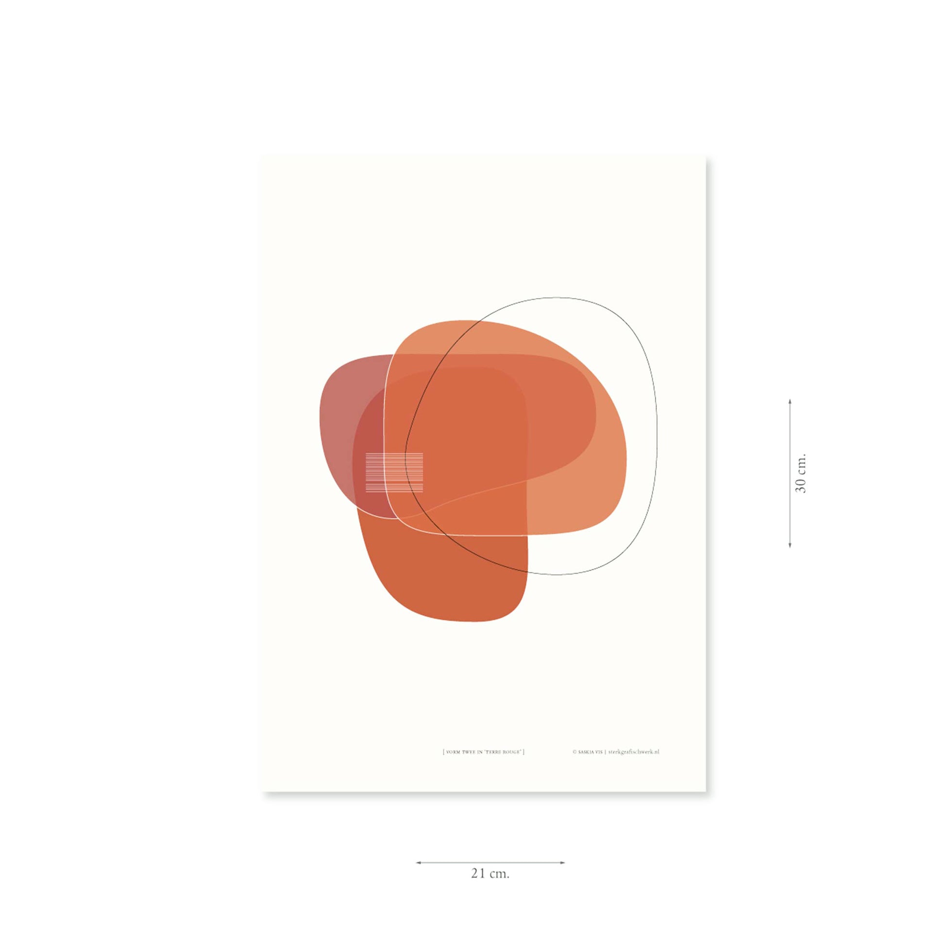 Productafbeelding, poster "vorm twee in terre rouge", met aanduiding van het formaat erop weergegeven 21 x 30 cm