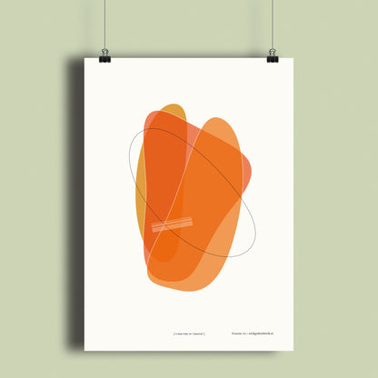 Productafbeelding, poster "vorm vier in orange", hangend aan een lichtgroen gekleurde wand, een overzichtsfoto
