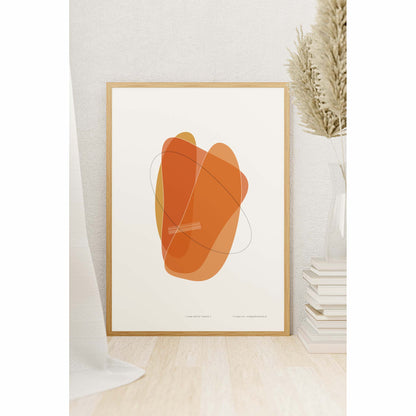 Productafbeelding, poster "vorm vier in orange", foto impressie 2, ingelijst en staande aan een wand in een interieur