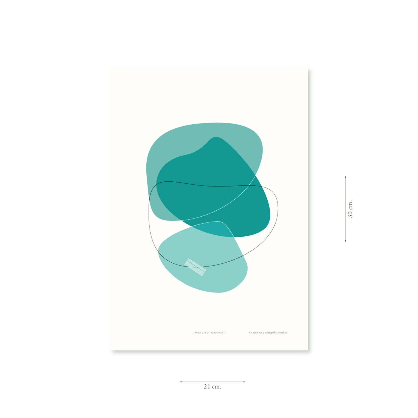 Productafbeelding, poster "vorm zes in turquoise", met aanduiding van het formaat erop weergegeven 21 x 30 cm