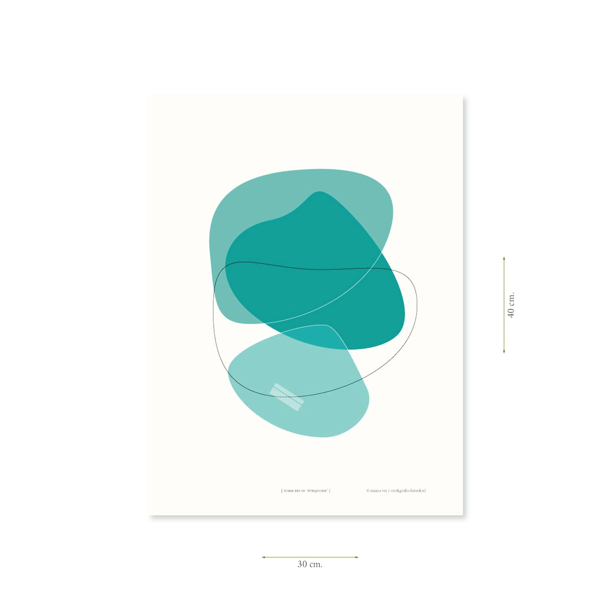 Productafbeelding, poster "vorm zes in turquoise", met aanduiding van het formaat erop weergegeven 30 x 40 cm