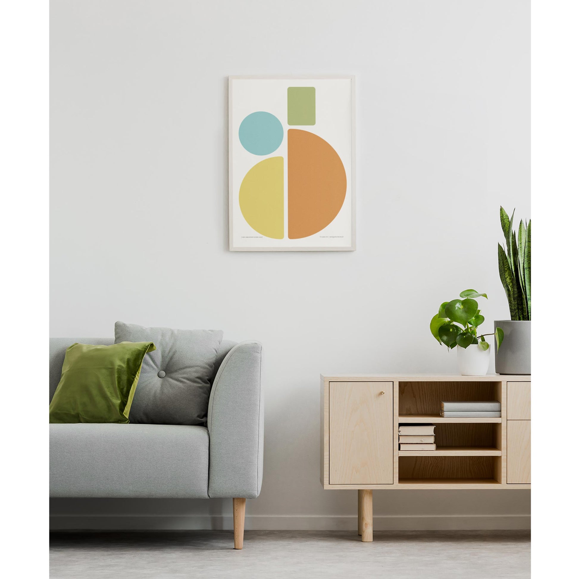 Productafbeelding, poster "een gekleurde ronde som", foto impressie 3, ingelijst hangend aan een witte wand in een interieur