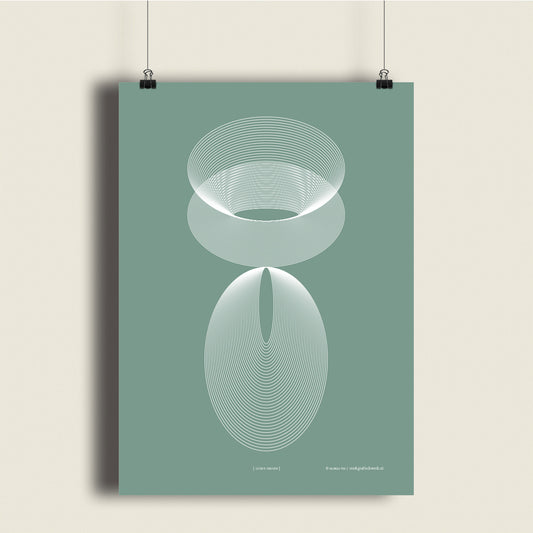 Productafbeelding, poster "licht-groen", hangend aan een creme kleurige wand, een overzichtsfoto