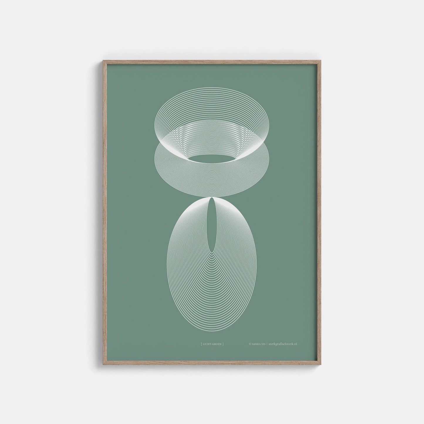 Productafbeelding, poster "licht-groen", ingelijst hangend aan een witte wand, een overzichtsfoto