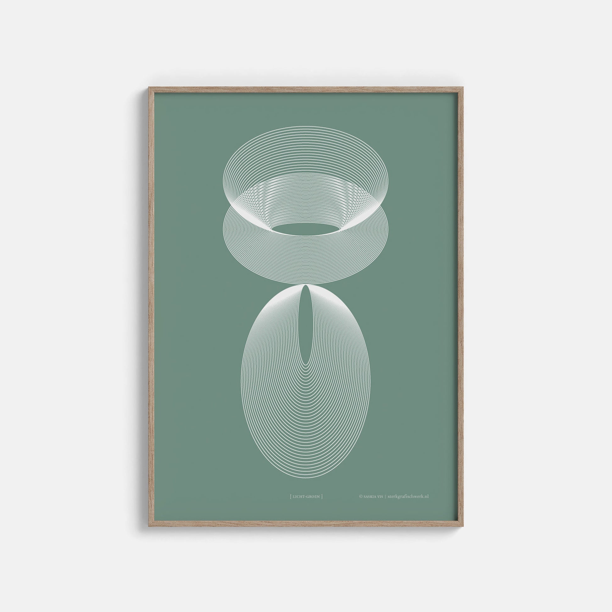 Productafbeelding, poster "licht-groen", ingelijst hangend aan een witte wand, een overzichtsfoto 
