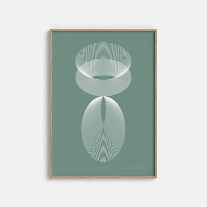 Productafbeelding, poster "licht-groen", ingelijst hangend aan een witte wand, een overzichtsfoto 