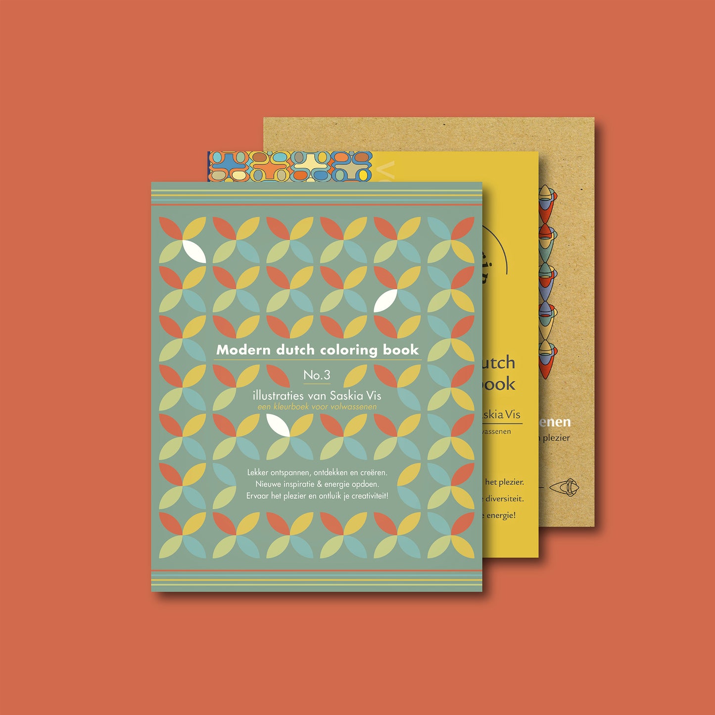 Productafbeelding, drie boeken opgestapeld met bovenop de stapel, "modern dutch coloring book" nummer 3