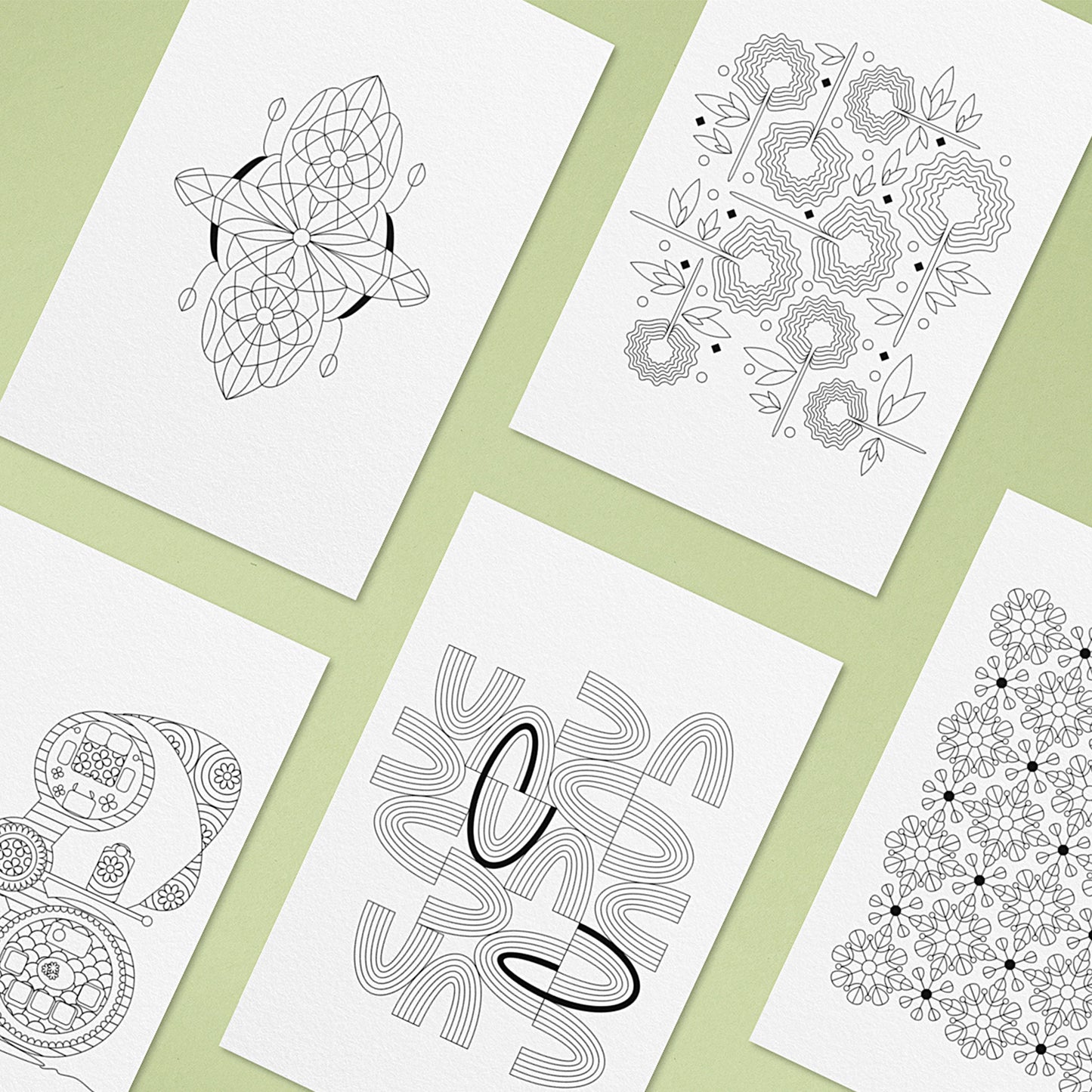 Een visualisatie, impressie, wat pagina's inhoud uit, "modern dutch coloring book" nummer 3