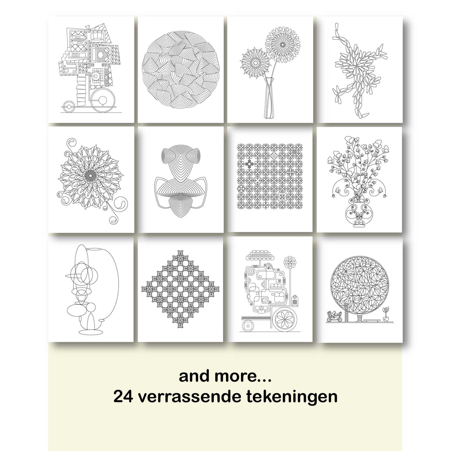 Een visualisatie, impressie, wat pagina's inhoud uit, "modern dutch coloring book" nummer 2