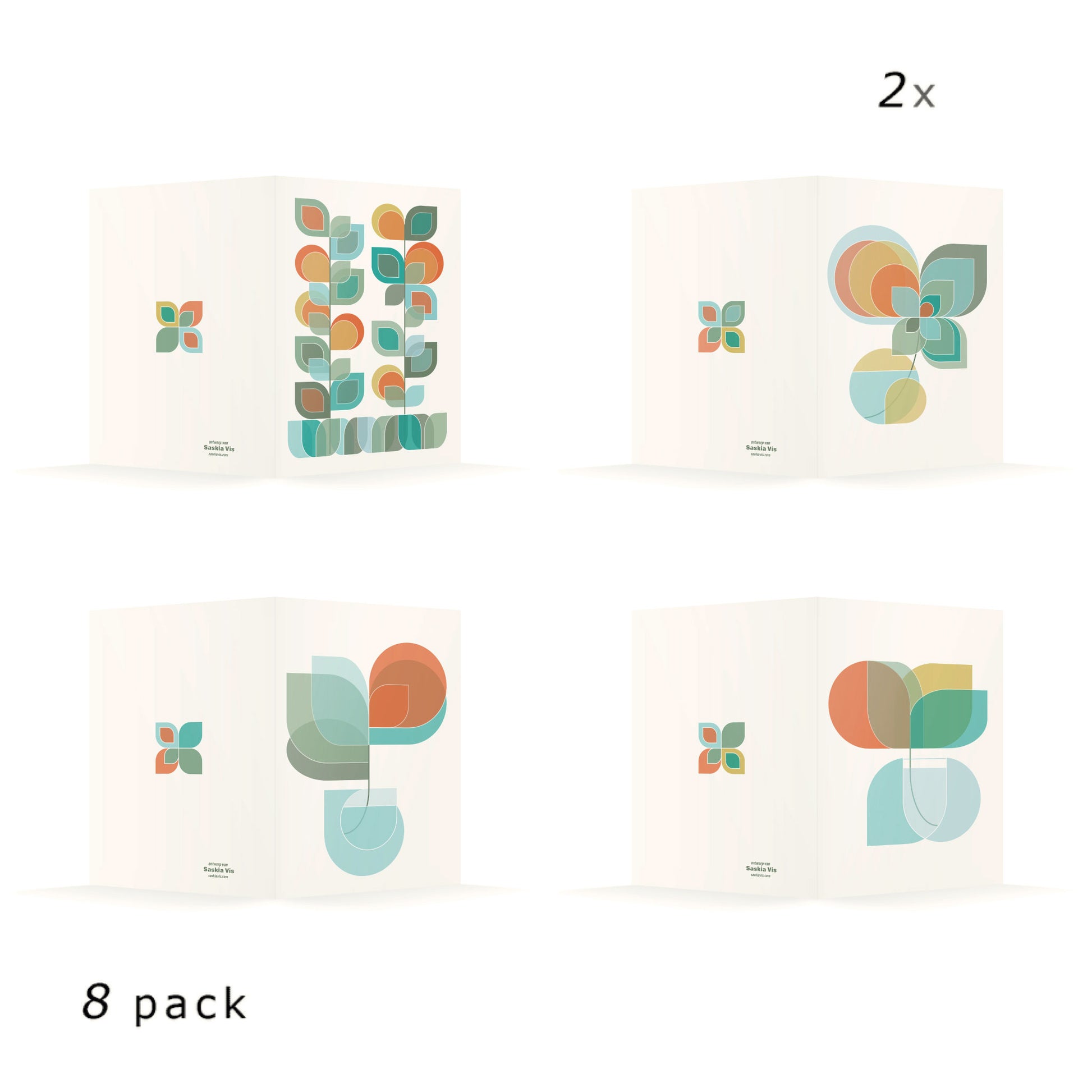 Productafbeelding, wenskaarten set 'vaasje bloemen' 8 stuks, weergave van de achterzijde