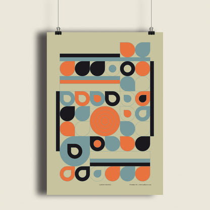 Productafbeelding poster "jardin orange" hangend aan een beige wand, een overzicht foto