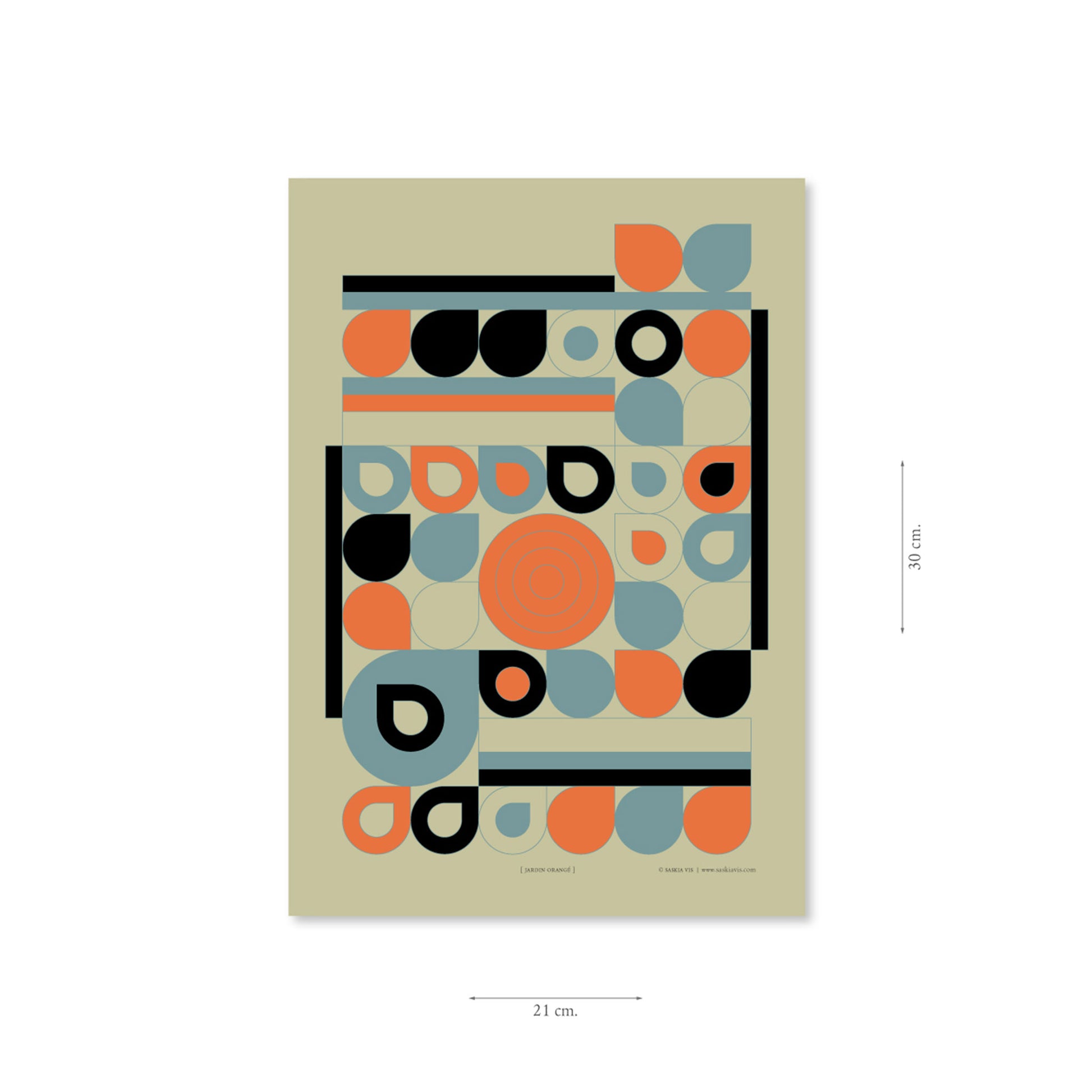 Productafbeelding poster "jardin orange" met aanduiding van het formaat erop weergegeven 21 x 30 cm