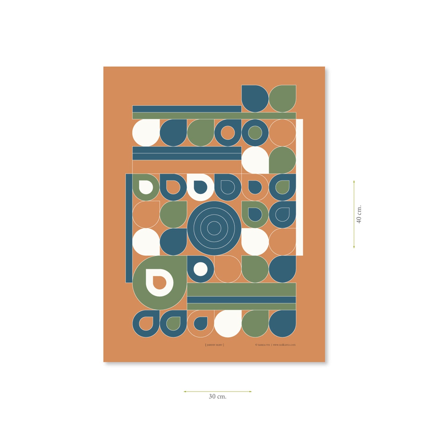 Productafbeelding poster "jardin bleu" met aanduiding van het formaat erop weergegeven 30 x 40 cm