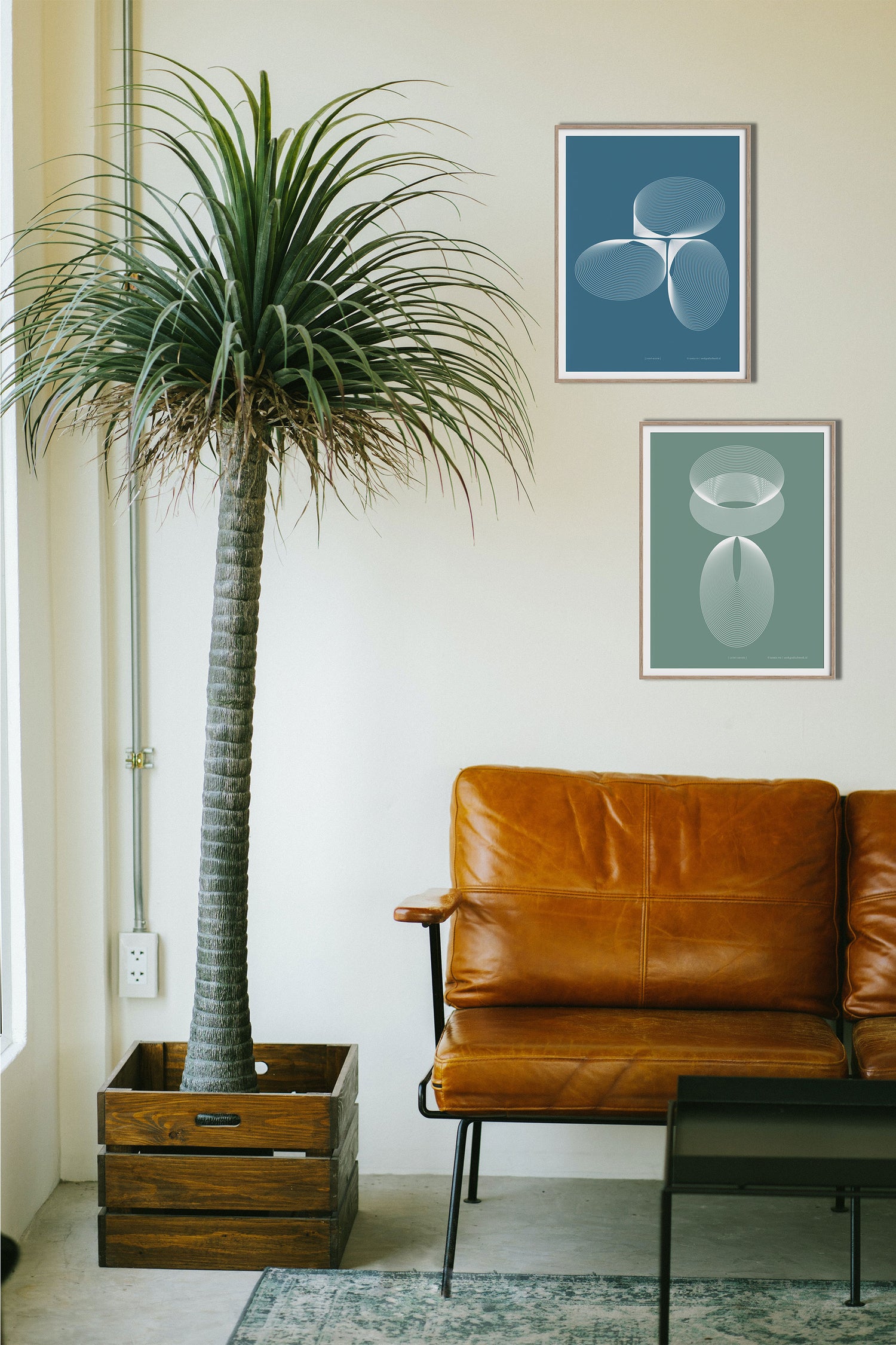 Poster "Licht-blauw" en "Licht-groen" ingelijst, aan een wand boven een sofa met een grote plant (boom)