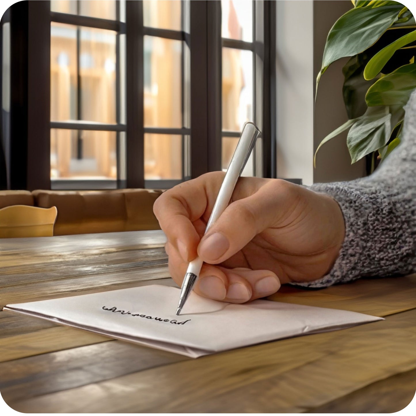 Een sfeerfoto waarin iemand een wenskaart aan het schrijven is aan een bureau, in een aangepaste, specifieke sfeervolle omgeving, het kantoor