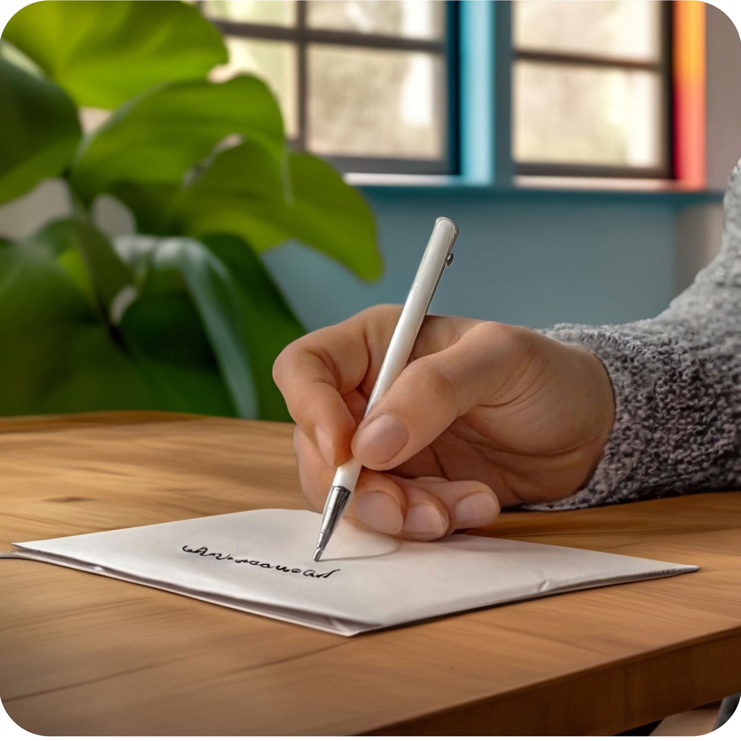 Een afbeelding bij de productfoto waarin iemand een wenskaart aan het schrijven is aan een tafel, in een specifieke en aangepaste sfeervolle omgeving.
