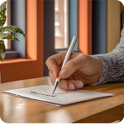 Een sfeerfoto waarin iemand een wenskaart aan het schrijven is aan een tafel, in een aangepaste, specifieke sfeervolle omgeving