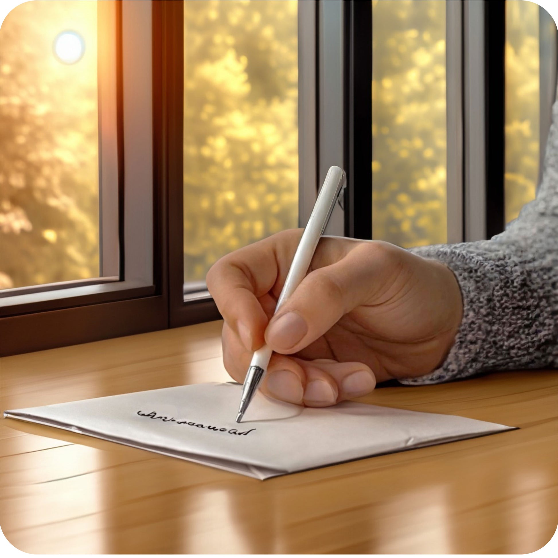 Een sfeerfoto waarin iemand een wenskaart aan het schrijven is aan een tafel, in een aangepaste, specifieke sfeervolle omgeving