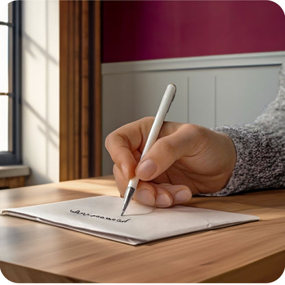 Een sfeerfoto waarin iemand een wenskaart aan het schrijven is aan een tafel, in een aangepaste, specifieke sfeervolle omgeving