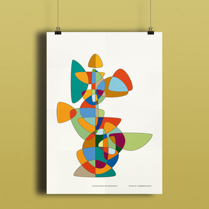 Productafbeelding poster "kleur-acrobaat met driehoeken" hangend aan een gekleurde wand, een overzicht foto
