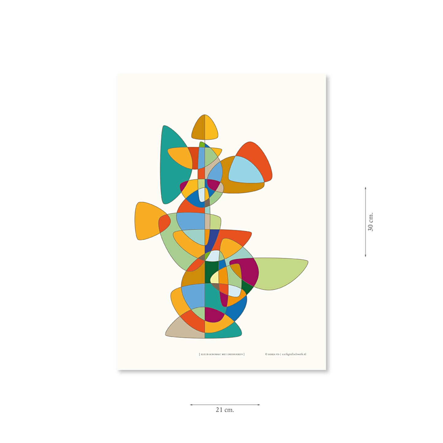 Productafbeelding poster "kleur-acrobaat met driehoeken" met aanduiding van het formaat erop weergegeven 21 x 30 cm