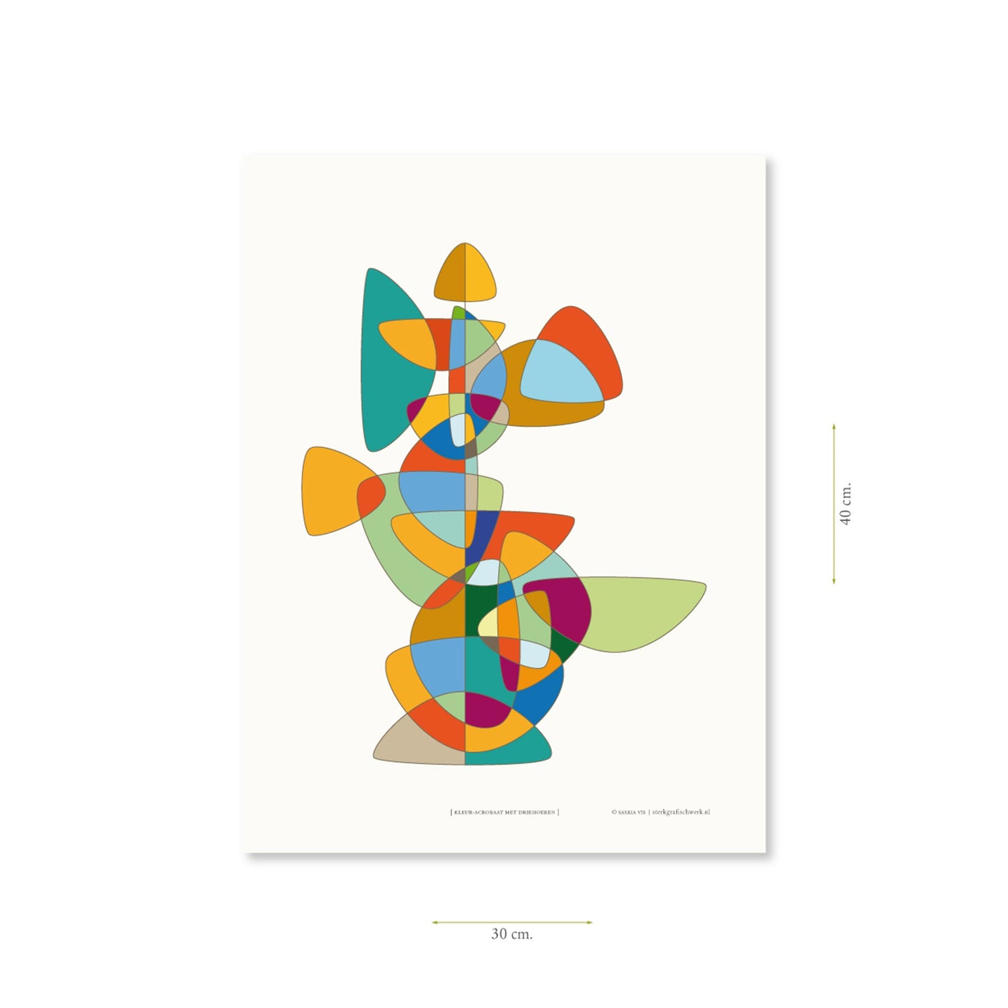 Productafbeelding poster "kleur-acrobaat met driehoeken" met aanduiding van het formaat erop weergegeven 30 x 40 cm