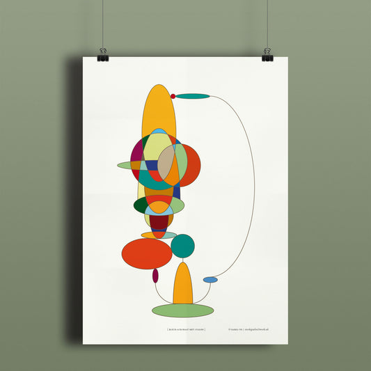 Productafbeelding poster "kleur-acrobaat met ovalen" hangend aan een gekleurde wand, een overzicht foto