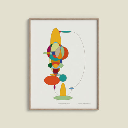 Productafbeelding poster "kleur-acrobaat met ovalen" ingelijst hangend aan een creme gekleurde wand, een overzicht foto