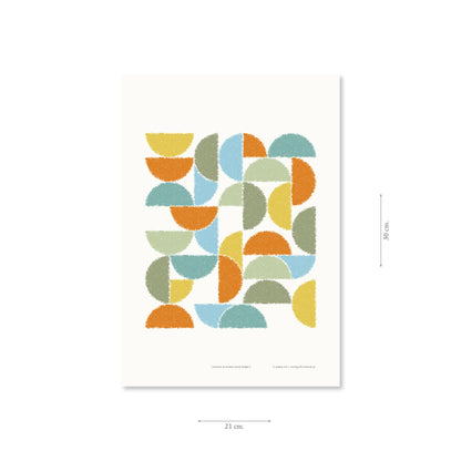 Productafbeelding poster "ronde kleuren naar terra" met aanduiding van het formaat erop weergegeven 21 x 30 cm