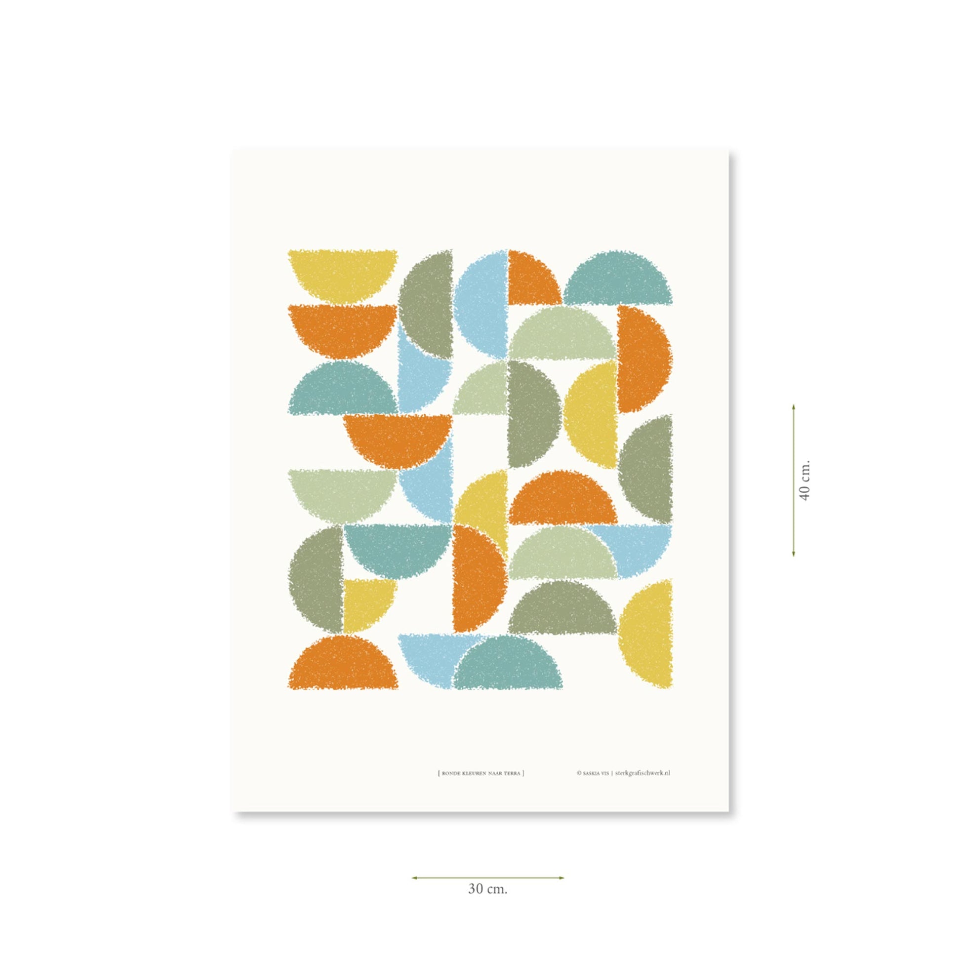 Productafbeelding poster "ronde kleuren naar terra" met aanduiding van het formaat erop weergegeven 30 x 40 cm