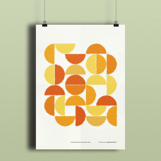 Productafbeelding, poster "ronde kleuren naar sienna oker", hangend aan een gekleurde wand, een overzichtsfoto