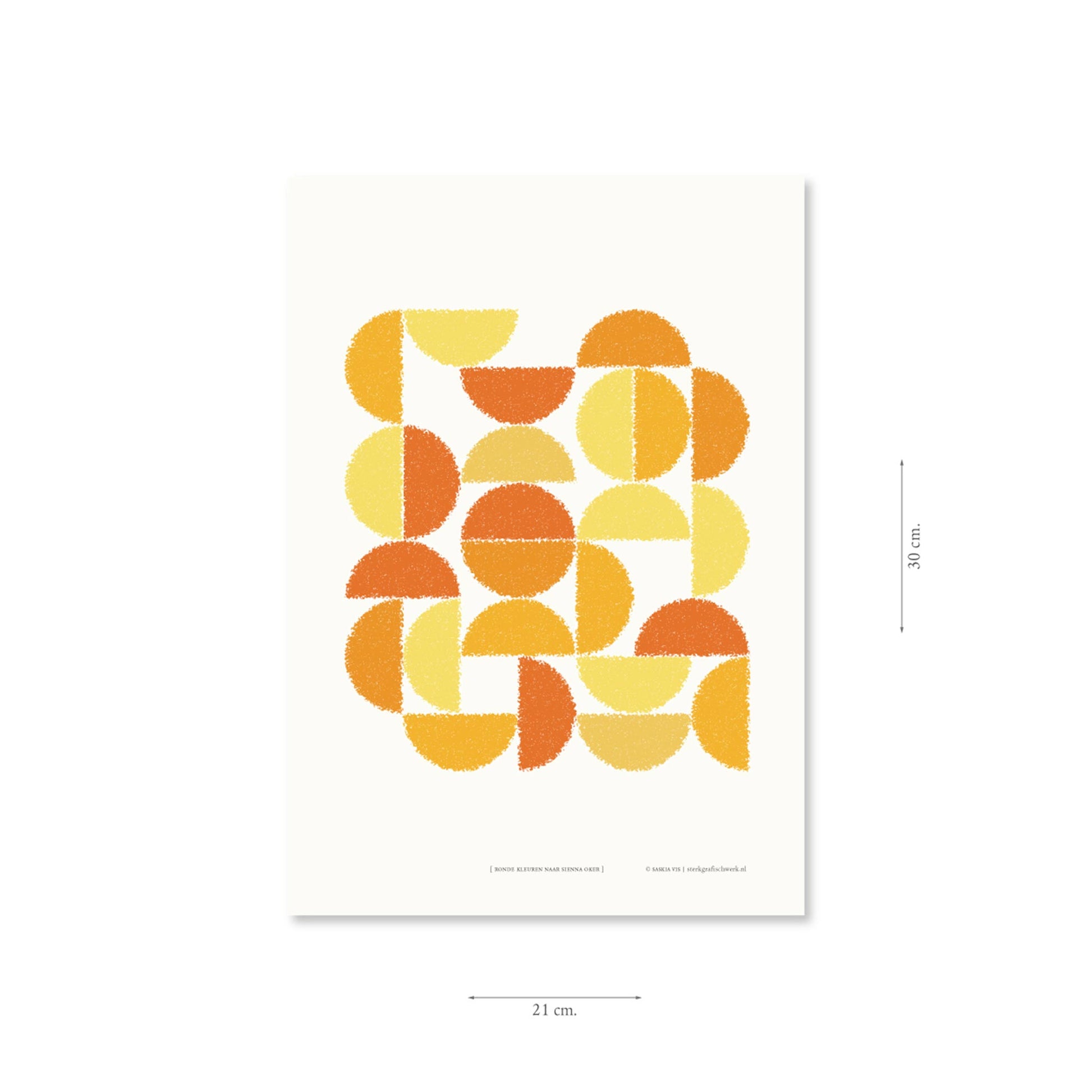 Productafbeelding poster "ronde kleuren naar sienna oker" met aanduiding van het formaat erop weergegeven 21 x 30 cm