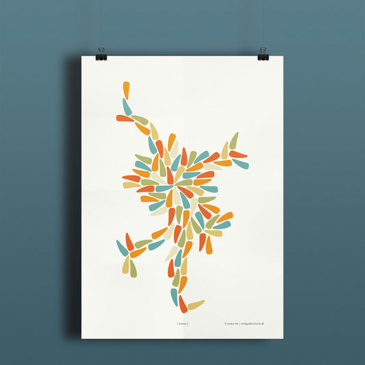 Productafbeelding poster "dansia" hangend aan een gekleurde wand, een overzicht foto 