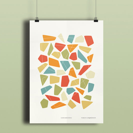 Productafbeelding, poster "zachte zomer-stenen", hangend aan een lichtgroen gekleurde wand, een overzichtsfoto