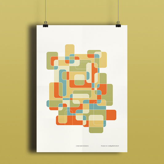 Productafbeelding, poster "plek voor iedereen", hangend aan een okergeel gekleurde wand, een overzichtsfoto 