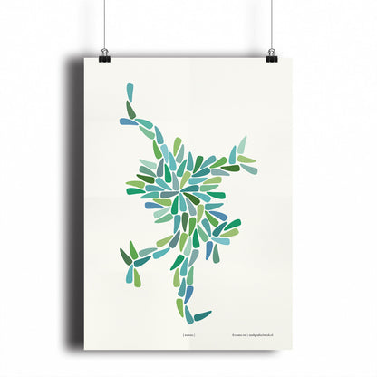 Productafbeelding poster "dansia (blauw-groen)" hangend aan een witte wand, een overzicht foto